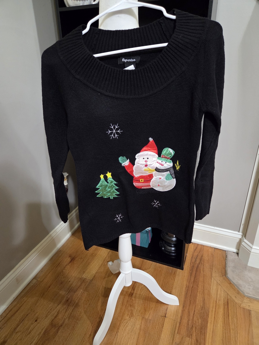 Black Holiday Crewneck Sweater with Santa & Snowman Embroidery